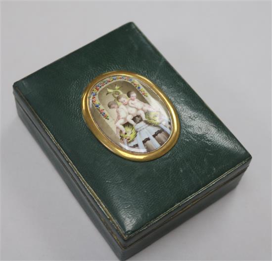 A leather and gilt metal box, with inset panel lid
